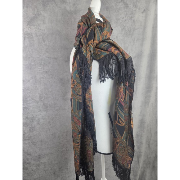 Vintage Norma Walters Extra Large Paisley Shawl Fringe Multifunctional Burgundy - Picture 6 of 9